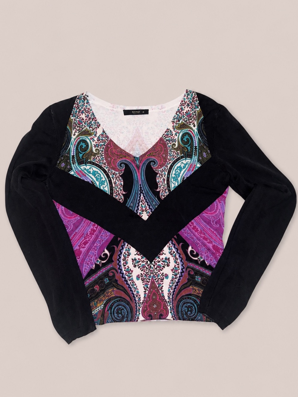 🌸 ETRO Made in Italy Paisley Print Stretch Knit Top Size 42 US 8